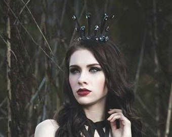 Black satin boned gothic victorian costume queen mini crown decorated with octagon crystals