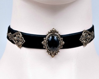 Black velvet gothic victorian choker with black agate gem