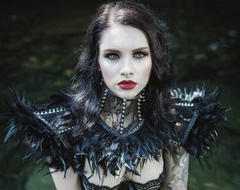 Set/2 pieces: Black lace feather gothic punk neck corset and suspender shoulder pads decorated with spikes