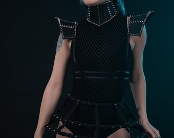 Gothic punk rock neck collar, epaulettes and crinoline cage skirt