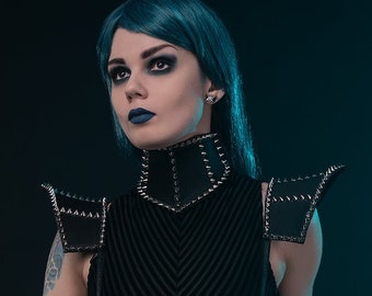 Set/2 pieces: Black gothic punk neck corset & suspender shoulder pads decorated with spikes