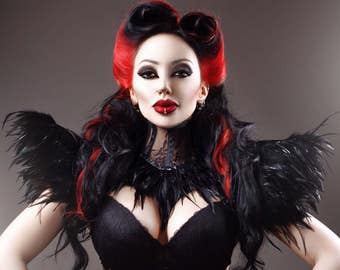 Black Feather Corset & Shoulder Pads: Gothic Victorian Set