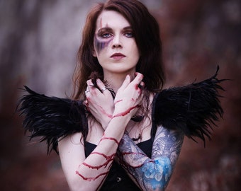 Black Feather Shoulder Pads with Stretch Suspenders, Gothic Costume