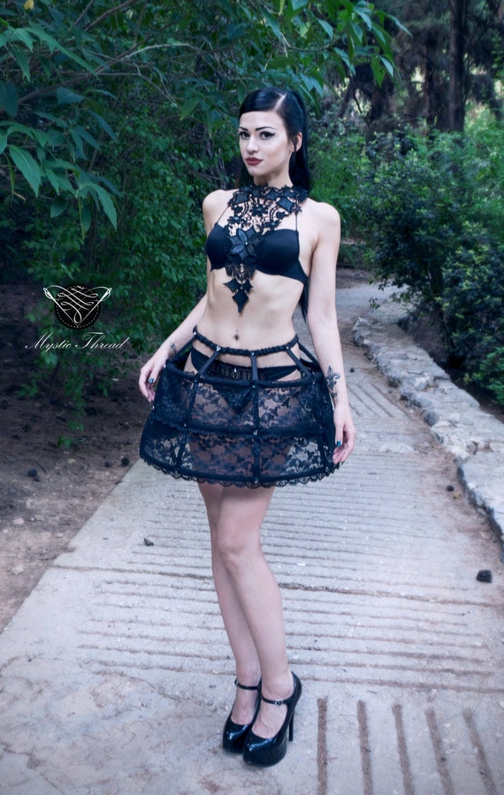 Black taffeta boned gothic victorian crinoline hoop cage skirt decorated with octagon crystals