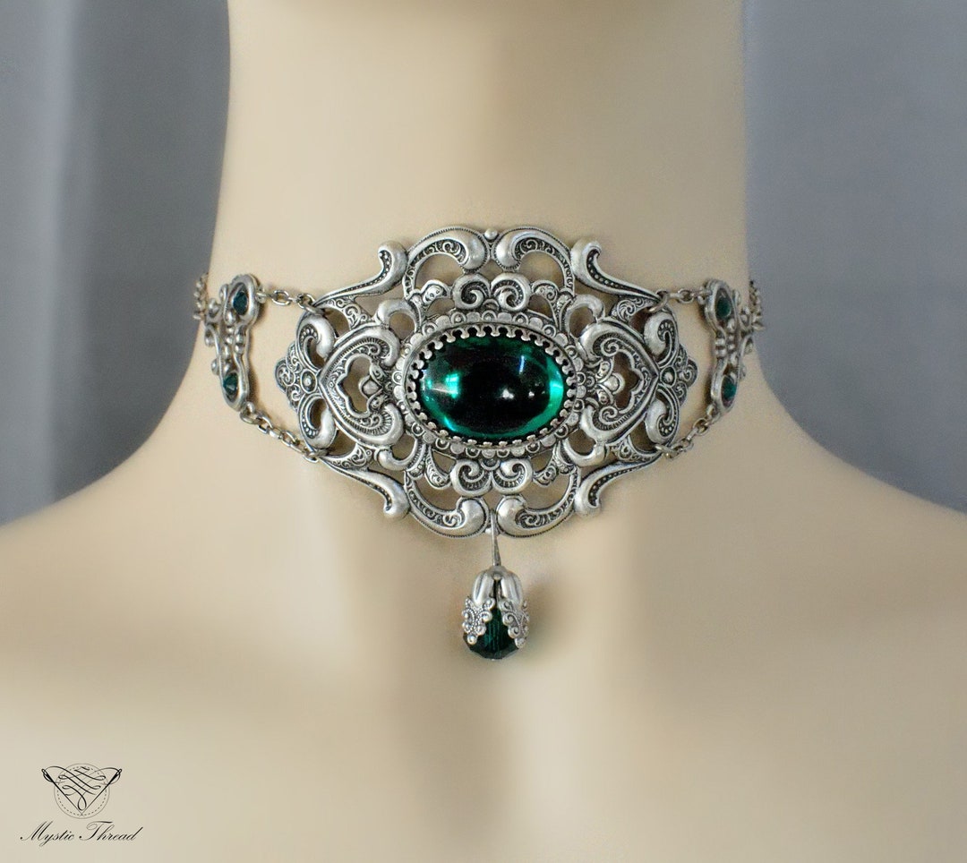 Emerald Gem Elegant Gothic Victorian Silver Choker - Etsy