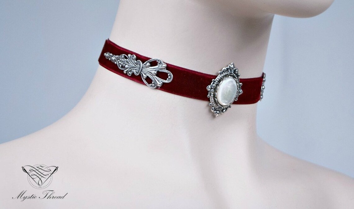 Burgundy Red Velvet Gothic Victorian Choker With Mother of Pearl Gem - Etsy