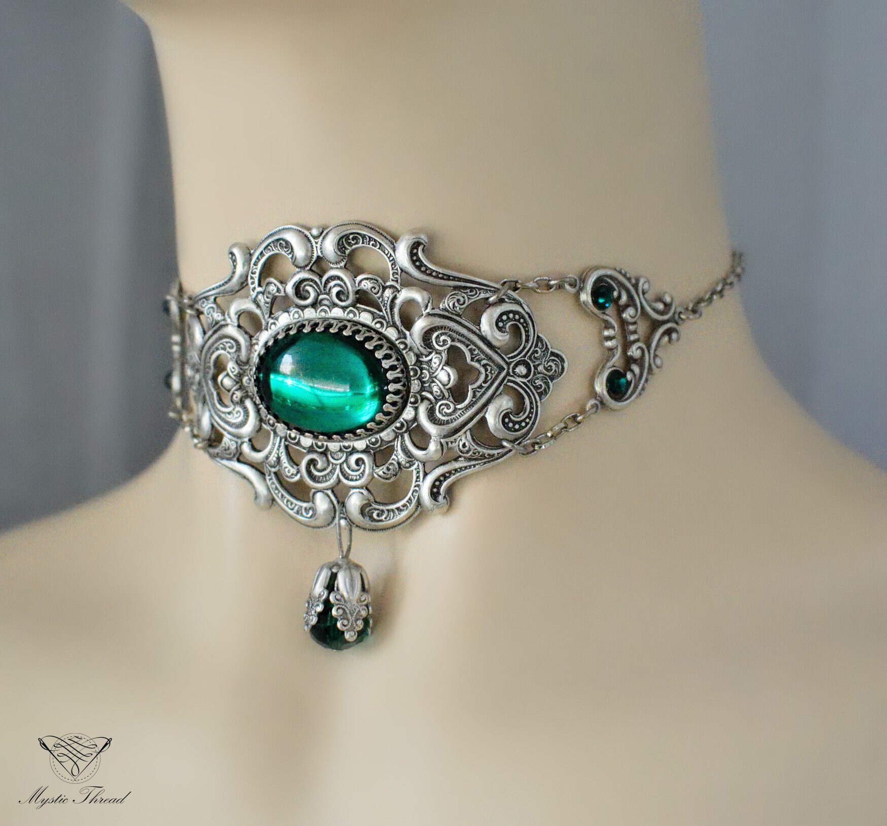 Emerald Gem Elegant Gothic Victorian Silver Choker - Etsy