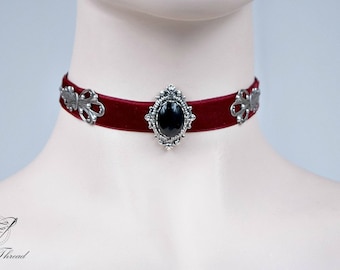 Burgundy red velvet gothic victorian choker with black agate gem