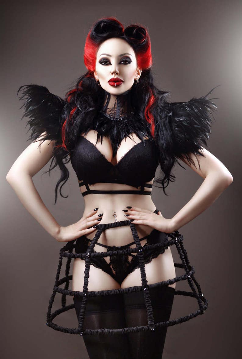 Black taffeta boned gothic victorian crinoline hoop cage skirt decorated with octagon crystals