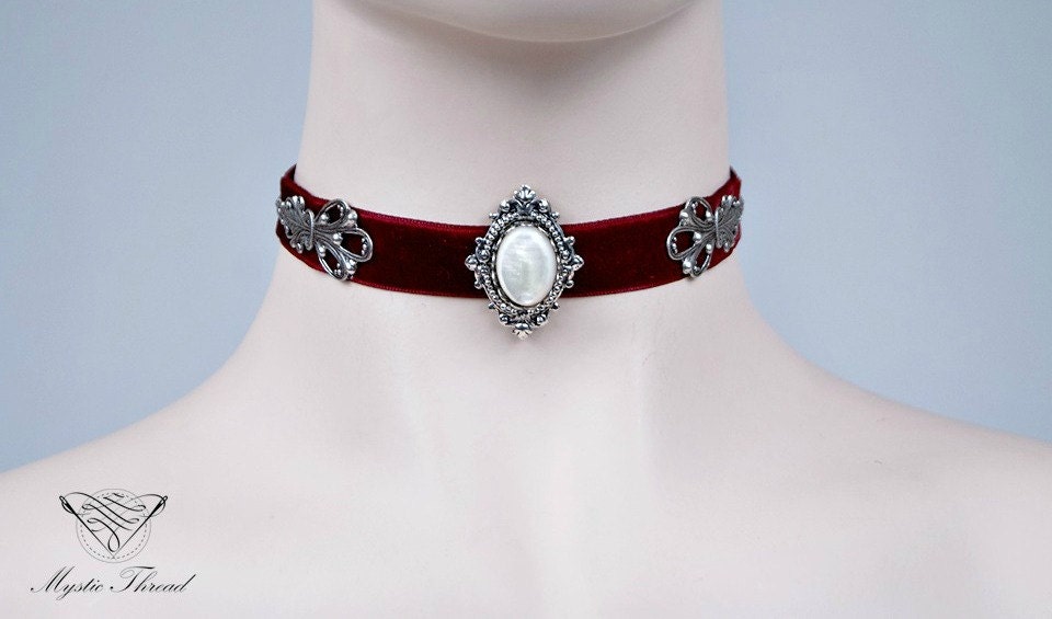 Burgundy Red Velvet Gothic Victorian Choker With Mother of Pearl Gem - Etsy