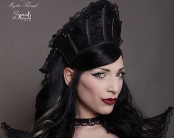 Black lace gothic victorian costume queen crown decorated with crystals