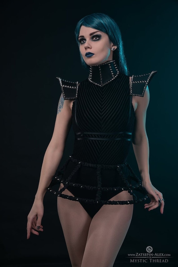 Black taffeta boned gothic victorian crinoline hoop cage skirt decorated with octagon crystals