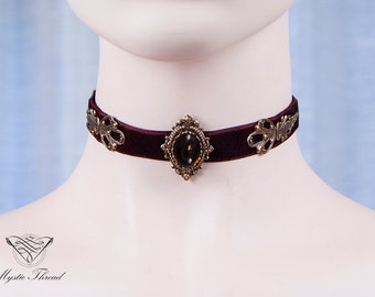 Brown velvet gothic victorian choker with smoke topaz gem