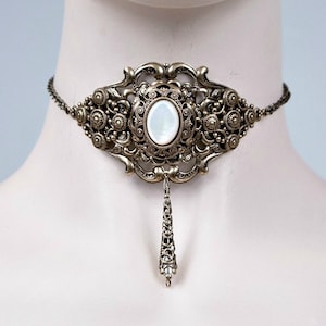 Mother of pearl gem elegant gothic victorian bronze choker