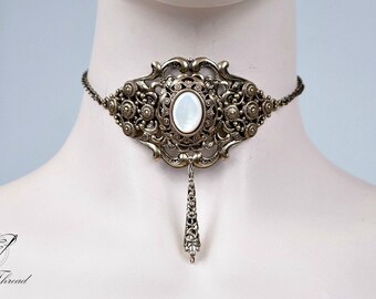 Mother of pearl gem elegant gothic victorian bronze choker