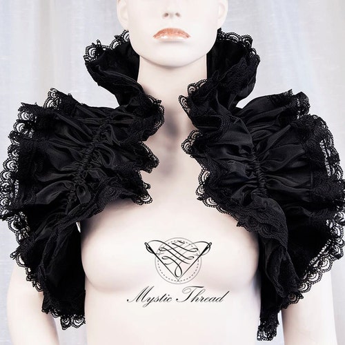 Black Taffeta Gothic Victorian Shrug Bolero Decorated with Black Lace Details