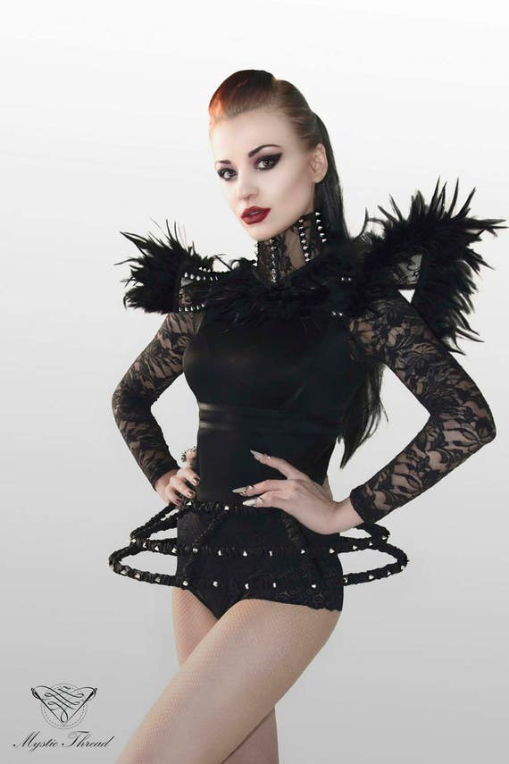 Black taffeta boned gothic victorian crinoline hoop cage skirt decorated with octagon crystals