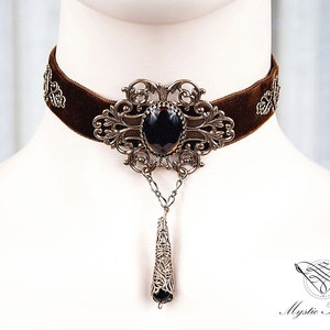 Brown velvet gothic victorian choker with smoke topaz gem