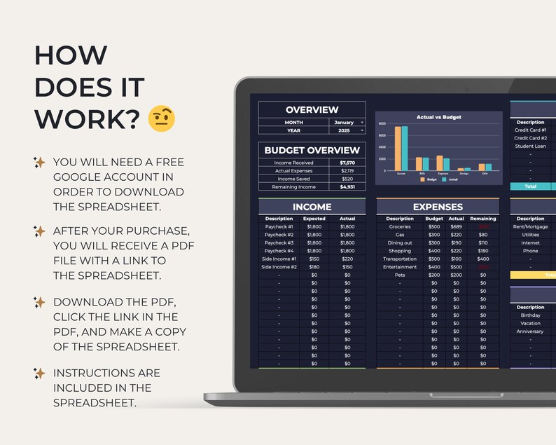 Dark Mode Monthly Budget Spreadsheet | Google Sheet Budget Template ...