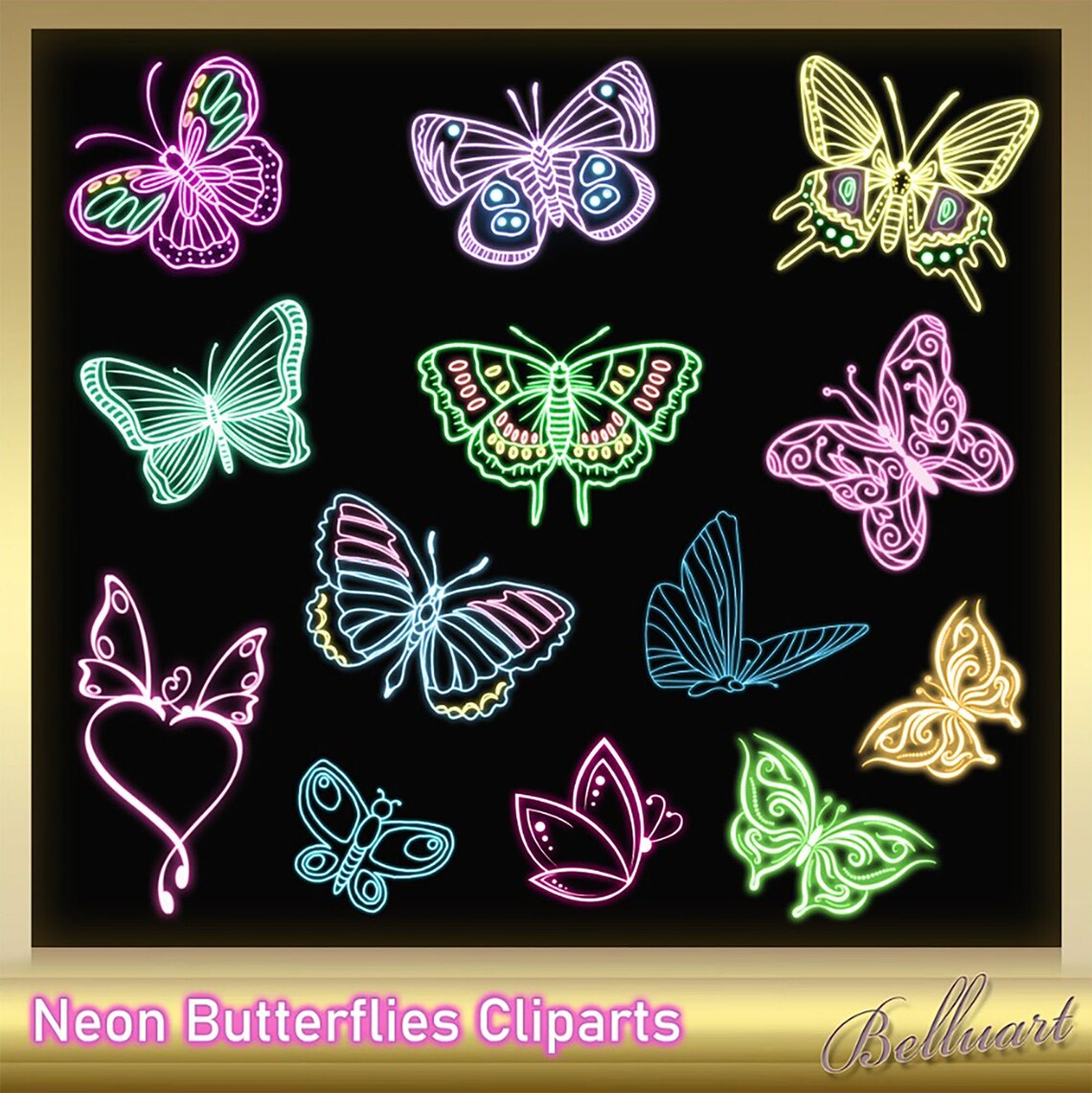 Neon Butterfies Clip Arts Neon Butterfly Clipart Neon Etsy