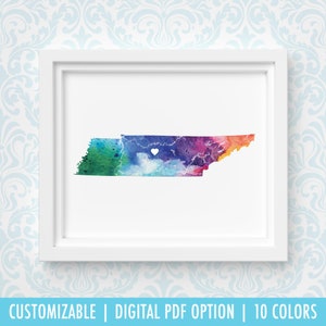 Impression d'art Tennessee, art de carte personnalisé, aquarelle originale, impression de carte de coeur, cadeau de Noël personnalisé ou cadeau de déménagement