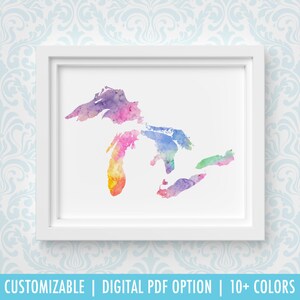 Art de la carte des Grands Lacs, art de la carte personnalisé, aquarelle originale, impression des Grands Lacs, cadeau de Noël personnalisé ou cadeau de déménagement