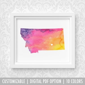 Impression d'art Montana, art de carte personnalisé, aquarelle originale, impression de carte de coeur, cadeau de Noël personnalisé ou cadeau de déménagement