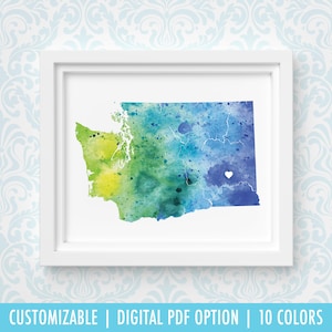 Impression de l'État de Washington, carte d'art personnalisée, aquarelle originale, impression de carte cardiaque, cadeau de Noël personnalisé ou cadeau de déménagement