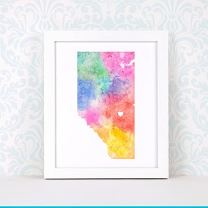 Impression d'art de l'Alberta, art de carte personnalisé, aquarelle originale, impression de carte cardiaque, cadeau de Noël personnalisé ou cadeau de déménagement