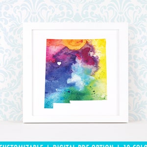 Impression d'art du Nouveau-Mexique, art de carte personnalisé, aquarelle originale, impression de carte de coeur, cadeau de Noël personnalisé ou cadeau de déménagement