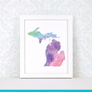 Impression d'art du Michigan, art de carte personnalisé, aquarelle originale, impression de carte de coeur, cadeau de Noël personnalisé ou cadeau de déménagement