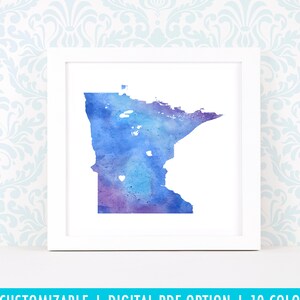 Impression d'art du Minnesota, art de carte personnalisé, aquarelle originale, impression de carte de coeur, cadeau de Noël personnalisé ou cadeau de déménagement