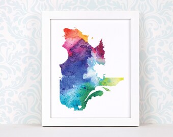 Quebec art print, personalized map art, original watercolor painting, heart map print, personalized Christmas gift or moving away gift