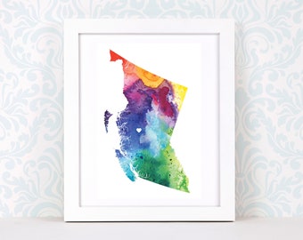 May include: A watercolor painting of the province of British Columbia, Canada. The map is filled with a rainbow of colors, with a small heart in the center.