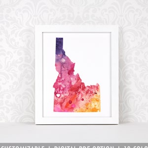 Impression d'art de l'Idaho, art de carte personnalisé, aquarelle originale, impression de carte de coeur, cadeau de Noël personnalisé ou cadeau de déménagement