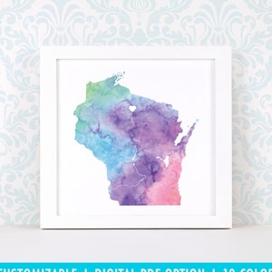 Impression d'art du Wisconsin, art de carte personnalisé, aquarelle originale, impression de carte de coeur, cadeau de Noël personnalisé ou cadeau de déménagement