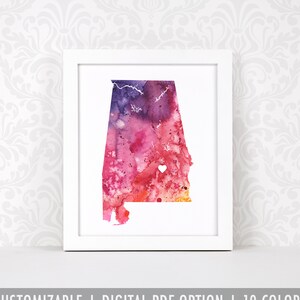 Impression d'art de l'Alabama, art de carte personnalisé, aquarelle originale, impression de carte de coeur, cadeau de Noël personnalisé ou cadeau de déménagement