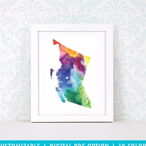 Impression de la Colombie-Britannique, art de carte personnalisé, aquarelle originale, impression de carte de coeur, cadeau de Noël personnalisé ou cadeau de déménagement