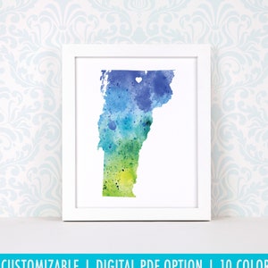 Impression d'art du Vermont, art de carte personnalisé, aquarelle originale, impression de carte de coeur, cadeau de Noël personnalisé ou cadeau de déménagement