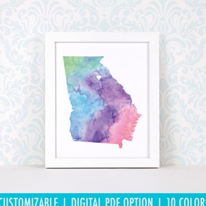 Impression d'art de Géorgie, art de carte personnalisé, aquarelle originale, impression de carte de coeur, cadeau de Noël personnalisé ou cadeau de déménagement