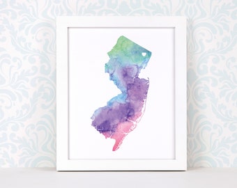 New Jersey art print, personalized map art, original watercolor painting, heart map print, personalized Christmas gift or moving away gift