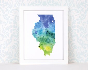 Illinois art print, personalized map art, original watercolor painting, heart map print, personalized Christmas gift or moving away gift