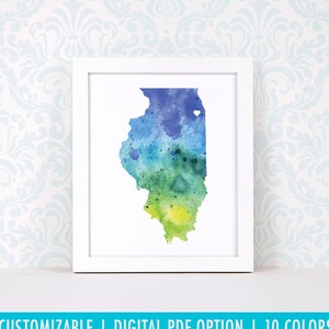 Impression d'art de l'Illinois, carte d'art personnalisée, aquarelle originale, impression de carte cardiaque, cadeau de Noël personnalisé ou cadeau de déménagement