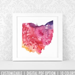 Impression d'art de l'Ohio, art de carte personnalisé, aquarelle originale, impression de carte de coeur, cadeau de Noël personnalisé ou cadeau de déménagement