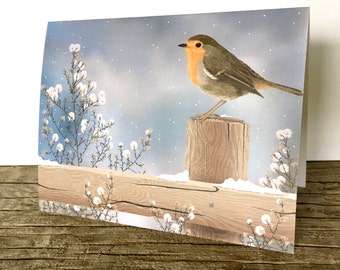 European Robin Christmas Card, Redbreast Robin Holiday Card, Winter Robin Artwork, Holiday Card, Blank Inside for Your Message