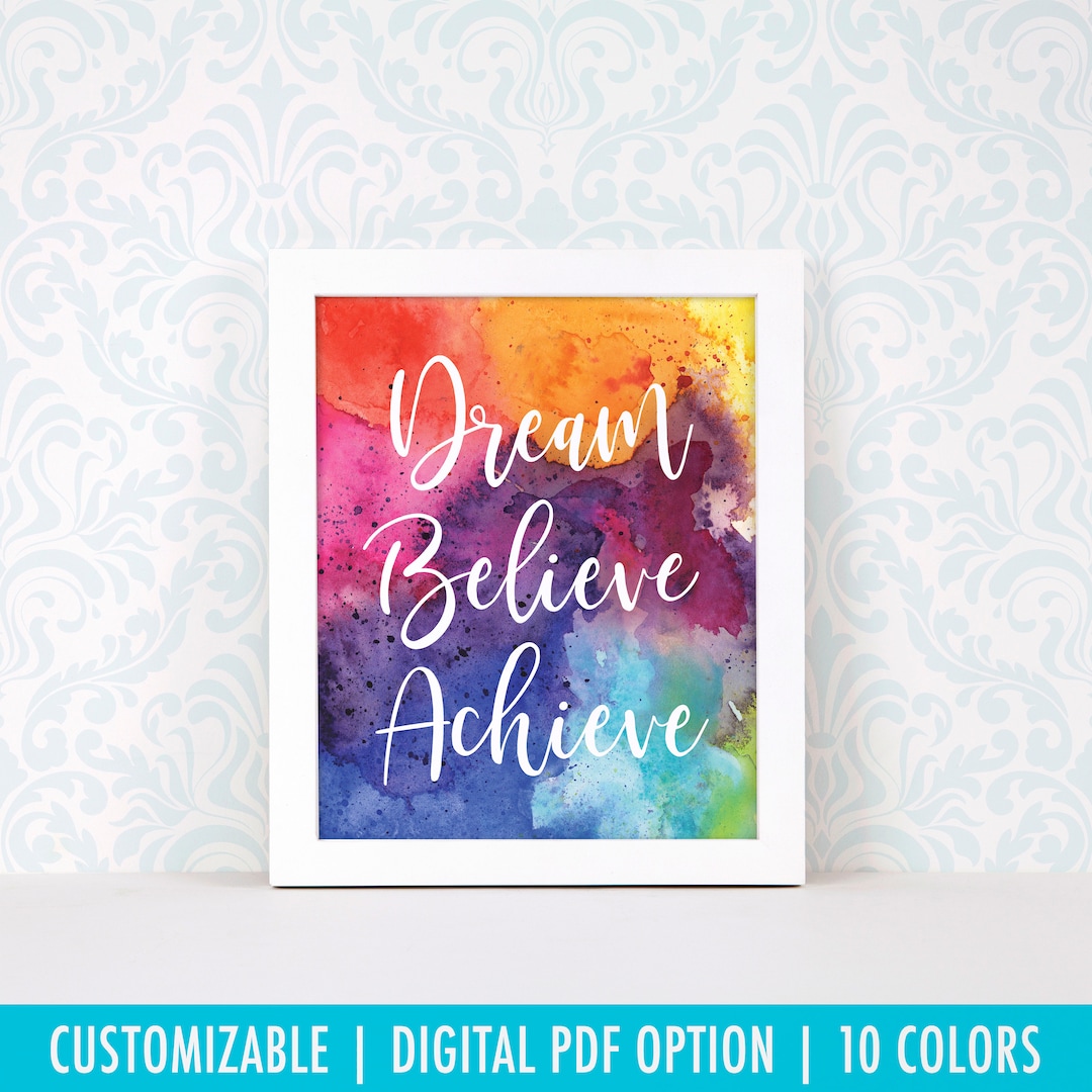Dream Believe Achieve Watercolor Art Print, Motivational Poster ...