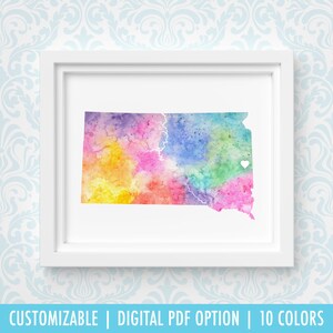 Impression du Dakota du Sud, art de carte personnalisé, aquarelle originale, impression de carte de coeur, cadeau de Noël personnalisé ou cadeau de déménagement