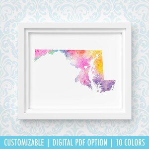 Impression d'art du Maryland, art de carte personnalisé, aquarelle originale, impression de carte de coeur, cadeau de Noël personnalisé ou cadeau de déménagement