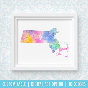 Impression du Massachusetts, art de carte personnalisé, aquarelle originale, impression de carte de coeur, cadeau de Noël personnalisé ou cadeau de déménagement
