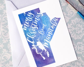 Manitoba Holiday Card, Merry Christmas from Manitoba, map greeting card watercolor painting, Christmas gift, Merry Christmas from a distance